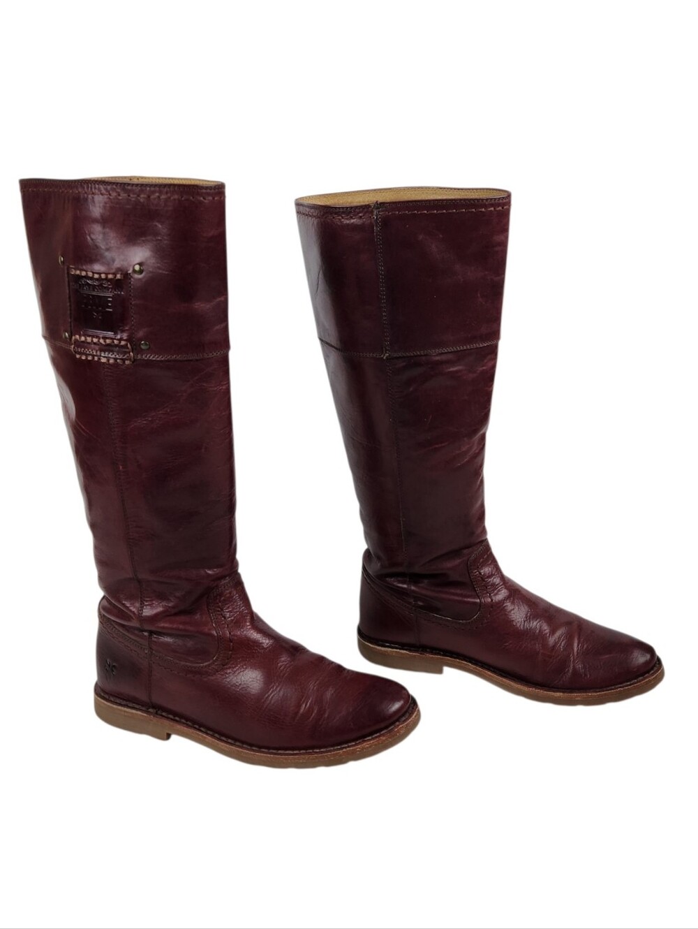 Frye Amelia Rogo Equestrian Tall Burgandy Cognac Leather Boots Womens Size 6 - Picture 2 of 16